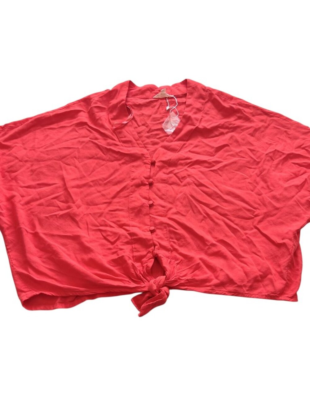 Sim & Sam cropped shirt short sleeve Large dusty red v neck button front tie top